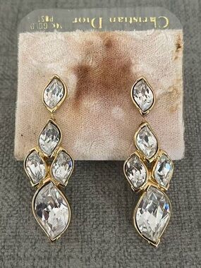 Vintage NWT Christian Dior Large Marquise Rhinestone Drop 14k Gold Post Earrings